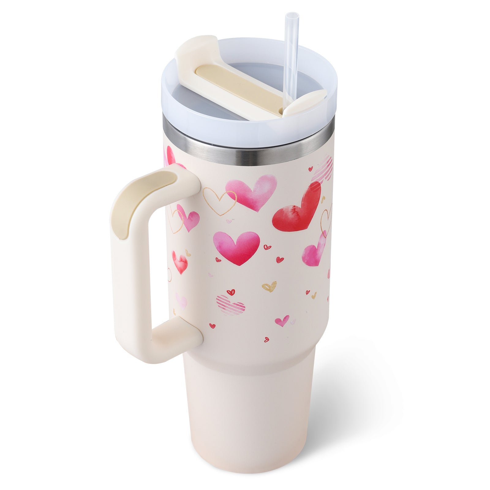 40 Oz Tumbler With Handle Straw Insulated, Stainless Steel Spill Proof With Lid Tapered Mug Gifts For Valentine Lover Suitable For Car Gym Office Travel