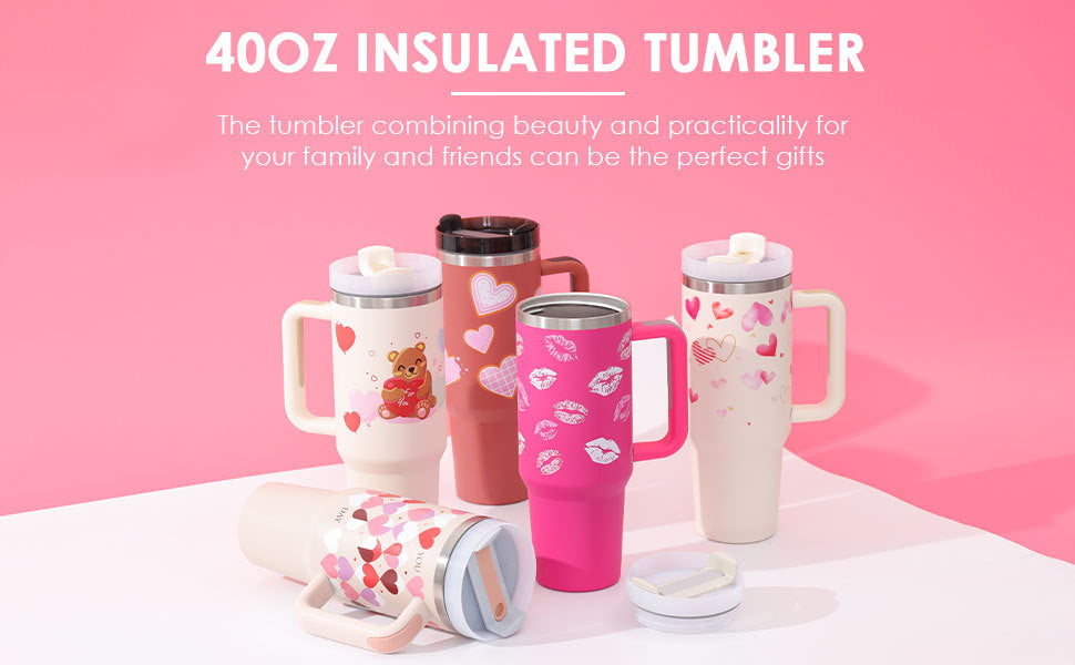 40 Oz Tumbler With Handle Straw Insulated, Stainless Steel Spill Proof With Lid Tapered Mug Gifts For Valentine Lover Suitable For Car Gym Office Travel