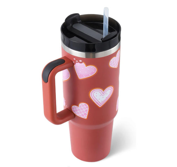 40 Oz Tumbler With Handle Straw Insulated, Stainless Steel Spill Proof With Lid Tapered Mug Gifts For Valentine Lover Suitable For Car Gym Office Travel