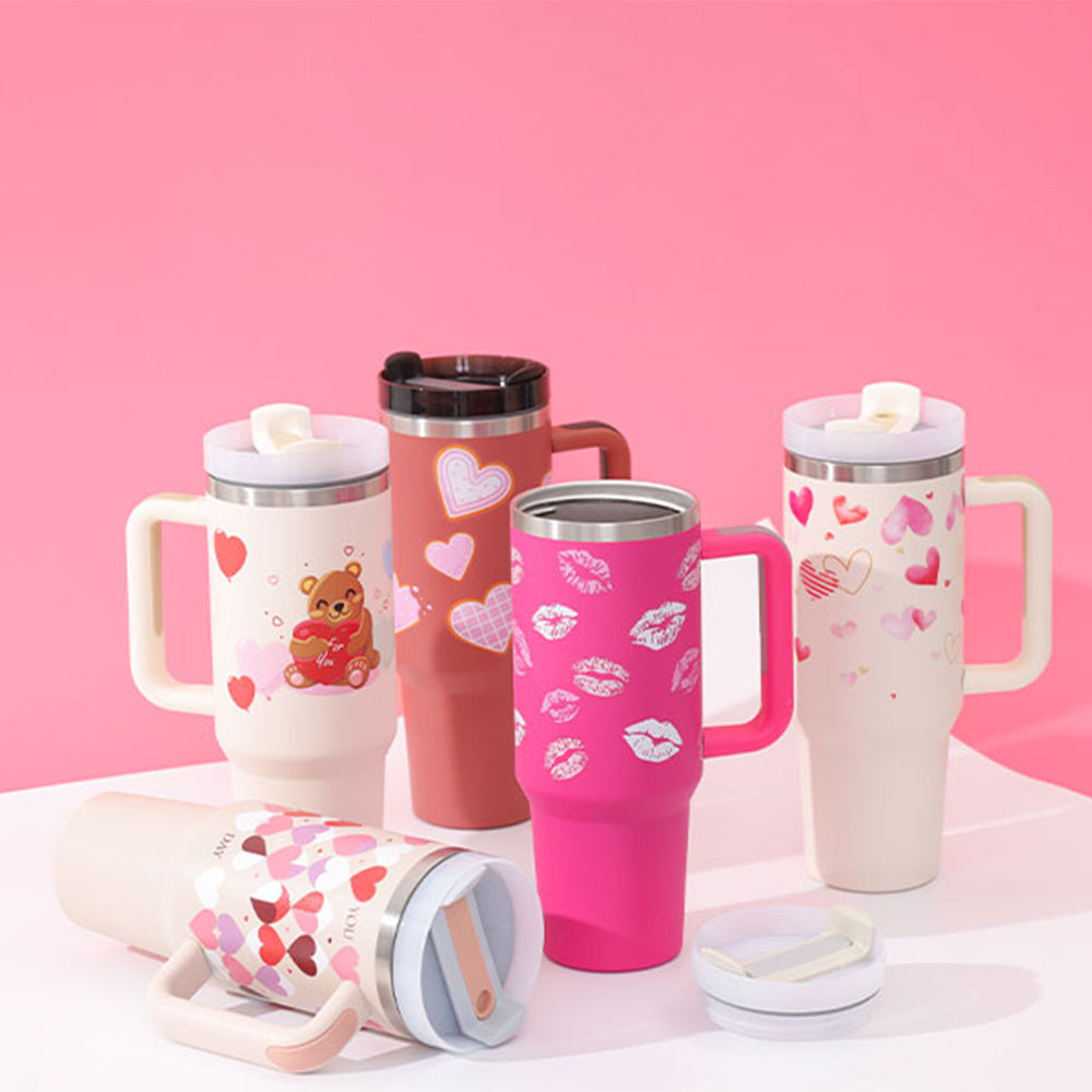 40 Oz Tumbler With Handle Straw Insulated, Stainless Steel Spill Proof With Lid Tapered Mug Gifts For Valentine Lover Suitable For Car Gym Office Travel