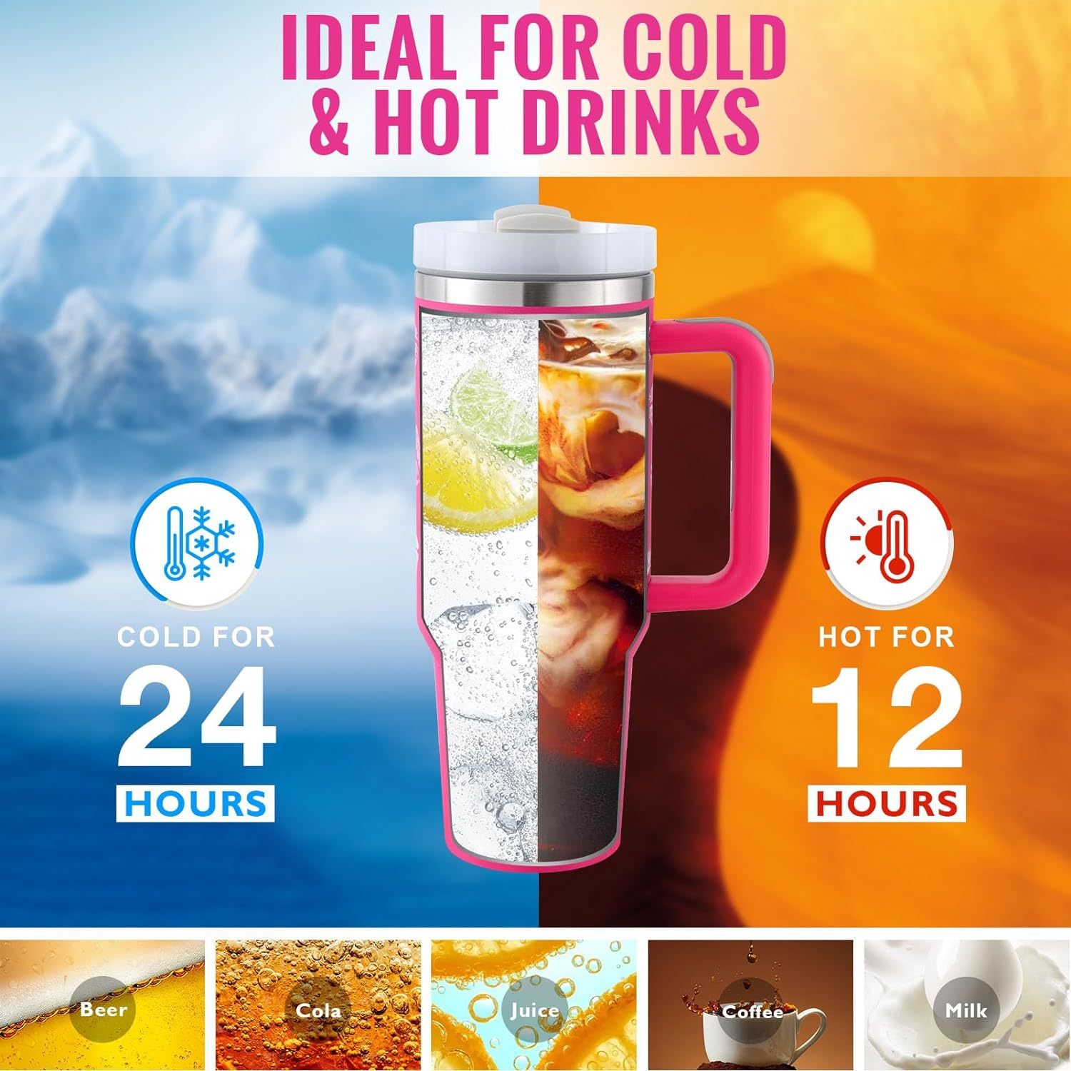 40 Oz Tumbler With Handle Straw Insulated, Stainless Steel Spill Proof With Lid Tapered Mug Gifts For Valentine Lover Suitable For Car Gym Office Travel