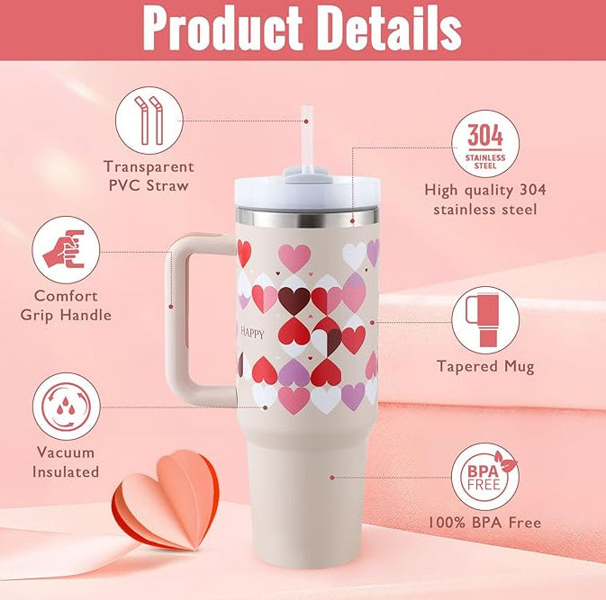 40 Oz Tumbler With Handle Straw Insulated, Stainless Steel Spill Proof With Lid Tapered Mug Gifts For Valentine Lover Suitable For Car Gym Office Travel